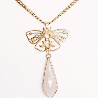 Crystal Teardrop Rhombus Moon Phase Butterfly Pendant Necklace