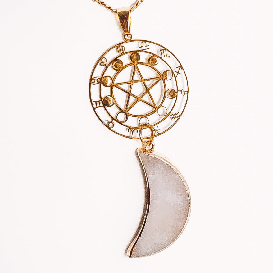 Large Moon Crystal Zodiac Moon Phase Statement Necklace