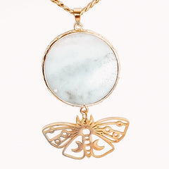 Round Crystal Moon Phase Butterfly Pendant Necklace