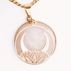 Rose Quartz Lotus Flower Moon Pendant Necklace